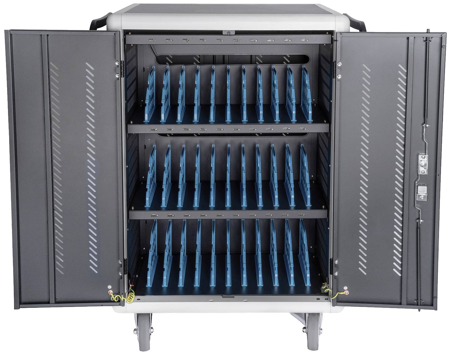 Ein geöffneter Aufbewahrungsschrank mit drei Regalen, die jeweils mehrere blaue Tablethalterungen enthalten.