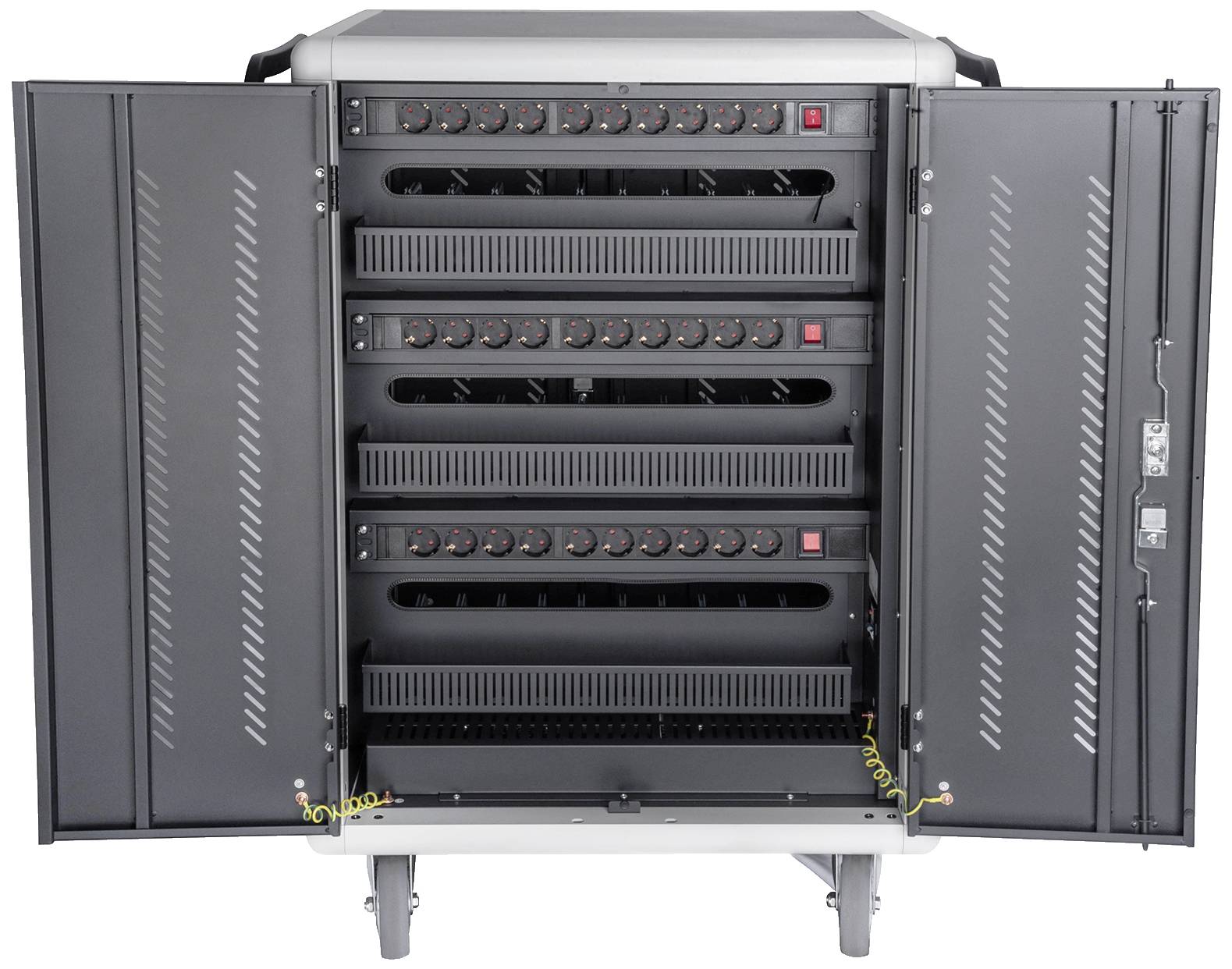 Ein geöffneter Server-Schrank mit mehreren Einheiten, die jeweils über Lüftungsgitter und Kontrollleuchten verfügen.