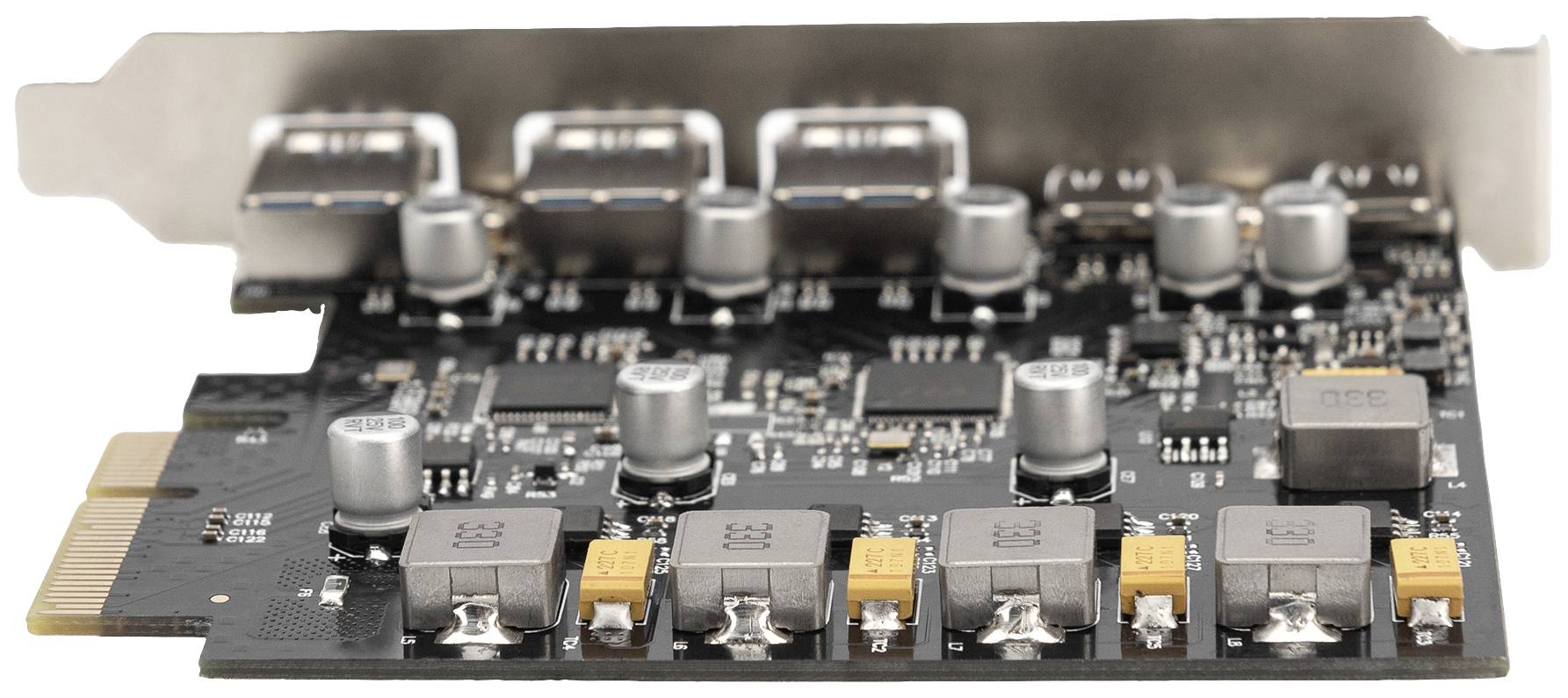 Eine Computer-Erweiterungskarte mit mehreren USB-Anschlüssen und elektronischen Komponenten, die in einem PC eingebaut werden kann.