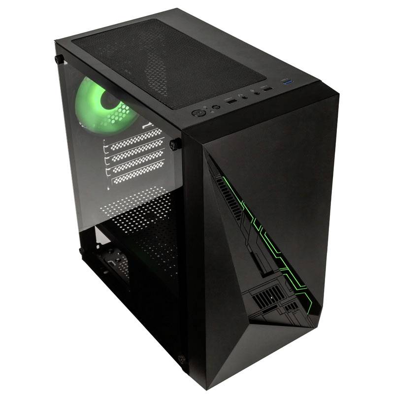 Ein schwarzes PC-Gehäuse mit grünen LED-Leuchten. Sichtbares Netzteil und Lüfter. Modernes Design mit transparentem Seitenteil.