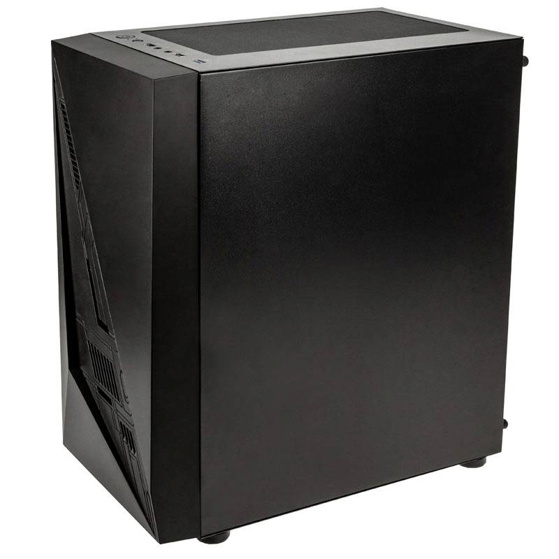 Schwarzes Computergehäuse mit schlichtem Design und seitlichem Belüftungsgitter, auf einem weißen Hintergrund.