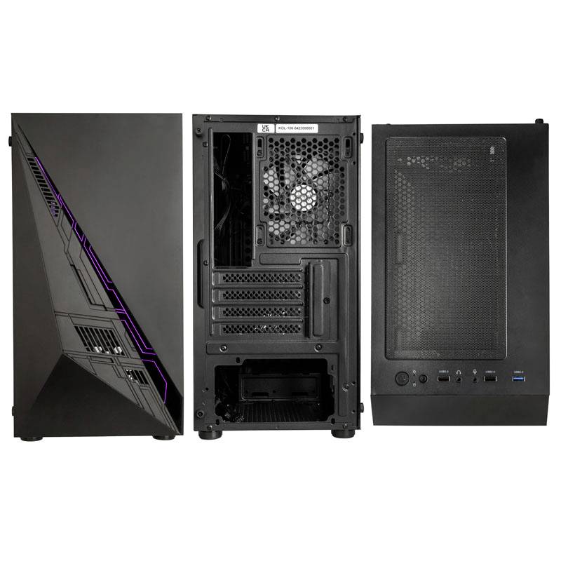 Ein Computergehäuse in drei Ansichten: Vorderseite, Rückseite und Seitenansicht. Sichtbar sind Lüfter, Anschlüsse und ein Mesh-Panel.