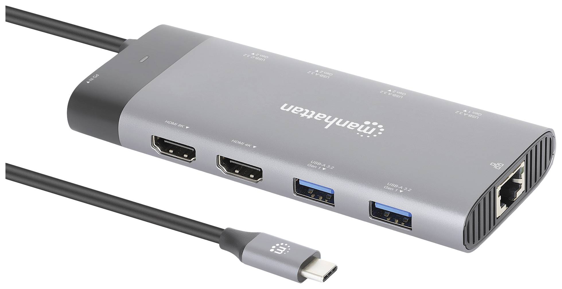 Ein USB-C-Hub mit mehreren Anschlüssen, darunter HDMI, USB-A und Ethernet, ermöglicht den Anschluss verschiedener Geräte.