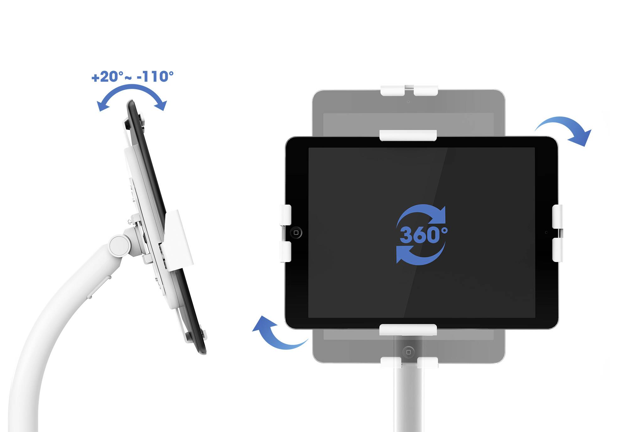 Verstellbarer Tablet-Ständer zeigt seitliche Neigung von +20° bis -110° und 360° Drehung der Tablets in der Vorderansicht.