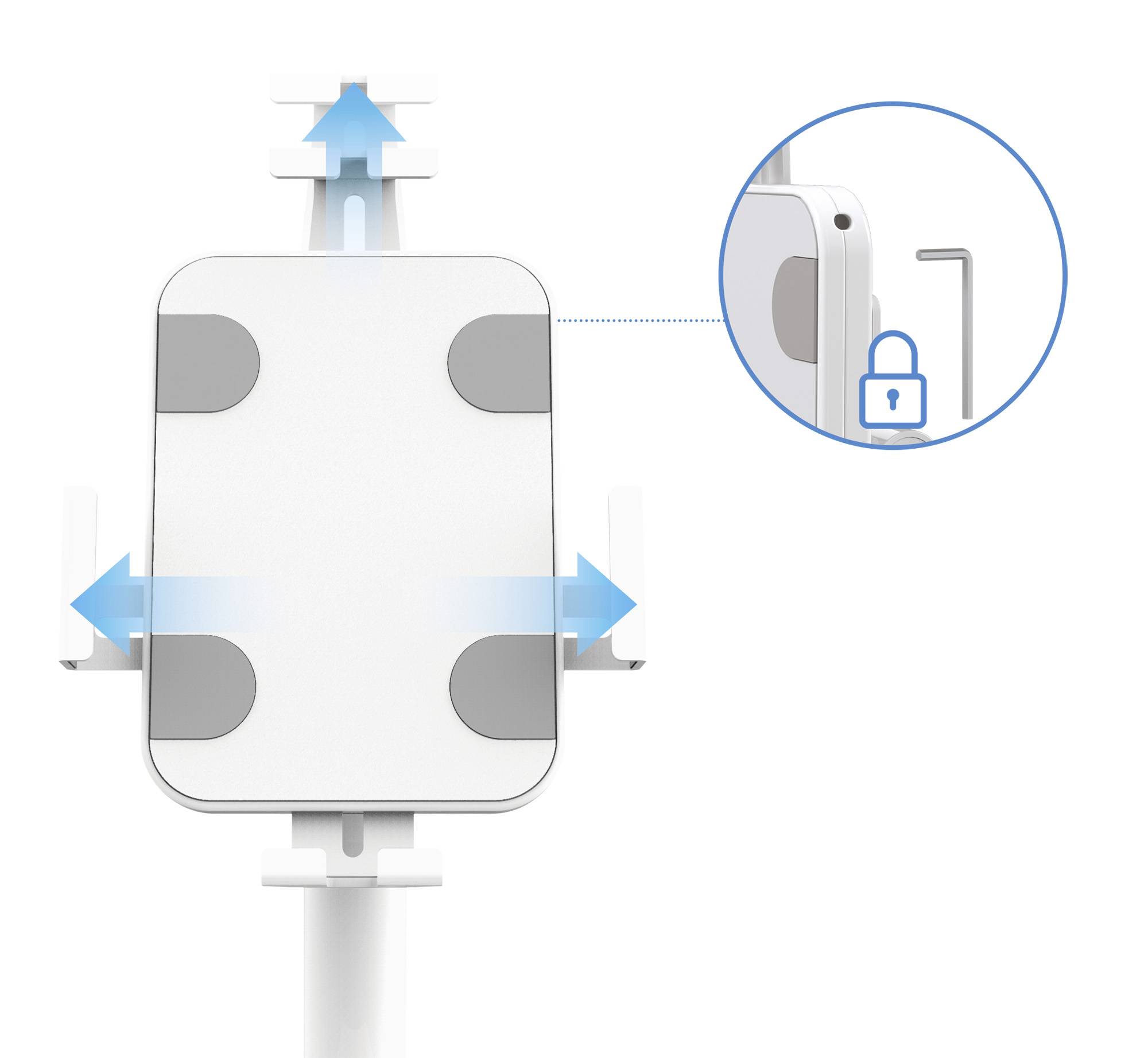 Das Bild zeigt eine Smartphone-Halterung mit blauen Pfeilen, die Bewegungen nach oben, unten und seitlich anzeigen. Ein Schlosssymbol deutet auf eine Verriegelungsfunktion hin.