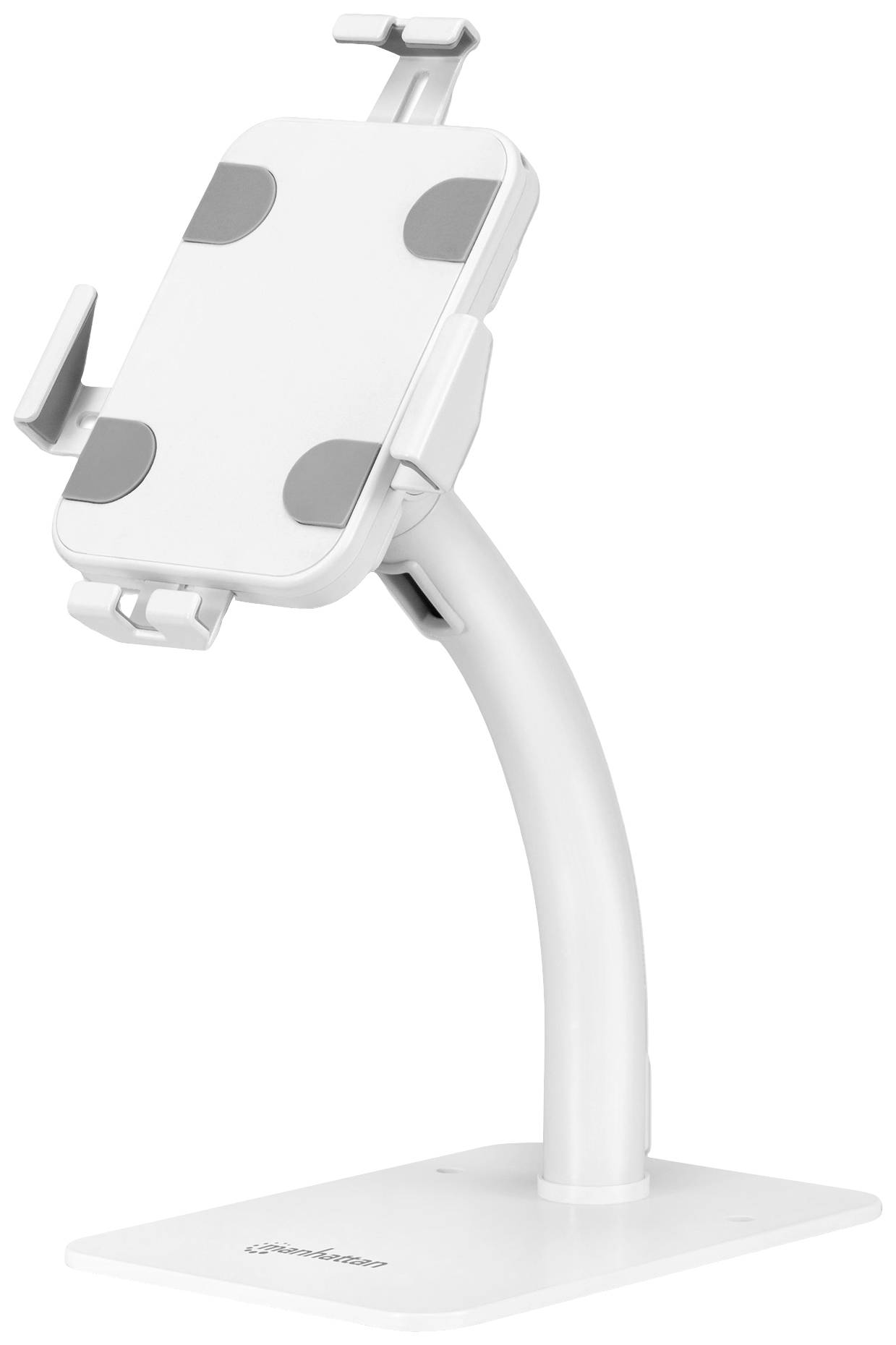 Halterung für ein Tablet auf einem weißen Ständer, geeignet zur Stabilisierung und einfachen Bedienung des Geräts.