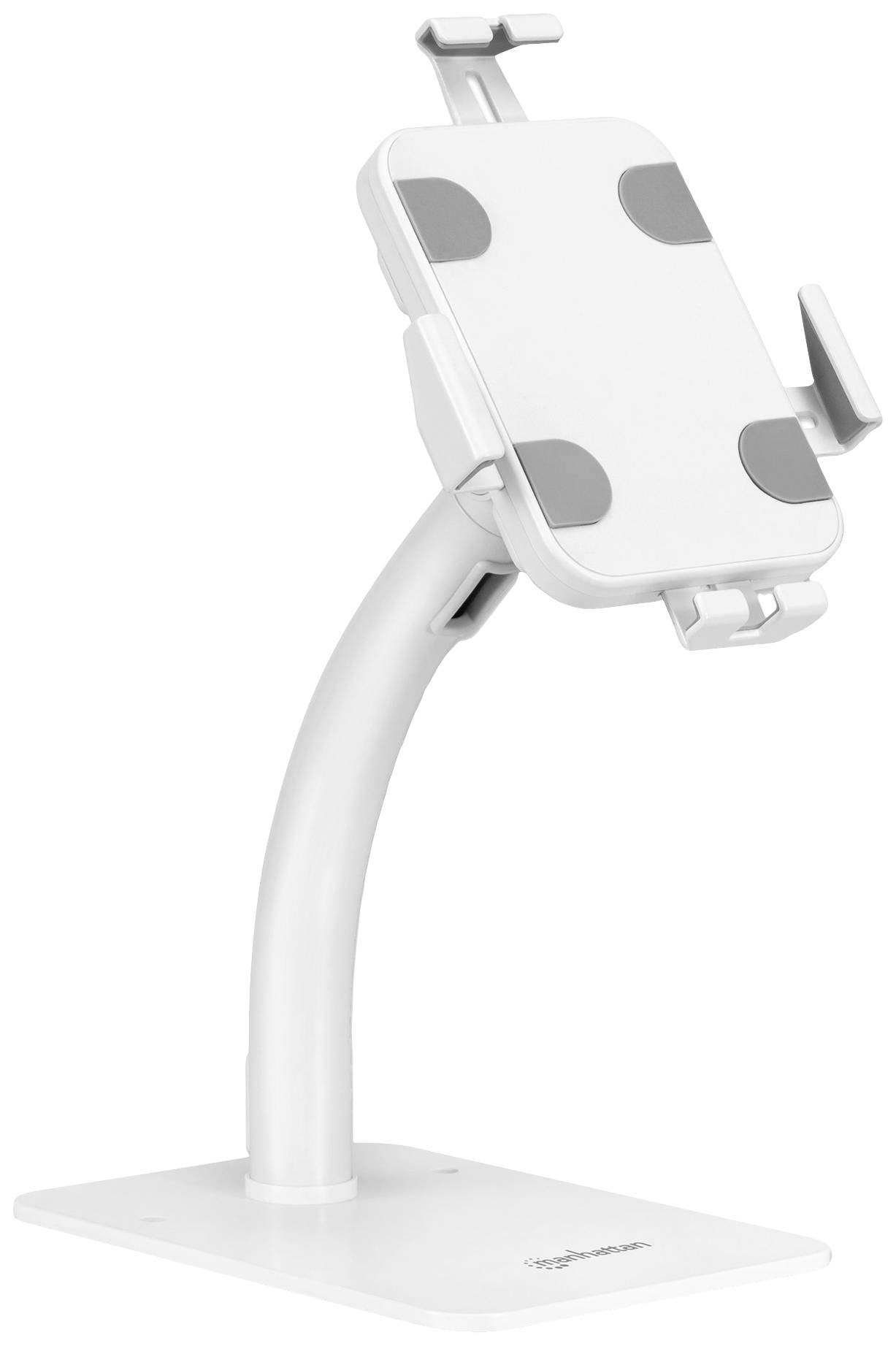 Ein weißer Tablet-Ständer mit verstellbarer Halterung und gebogenem Arm für stabilen Halt auf einem Tisch oder Schreibtisch.