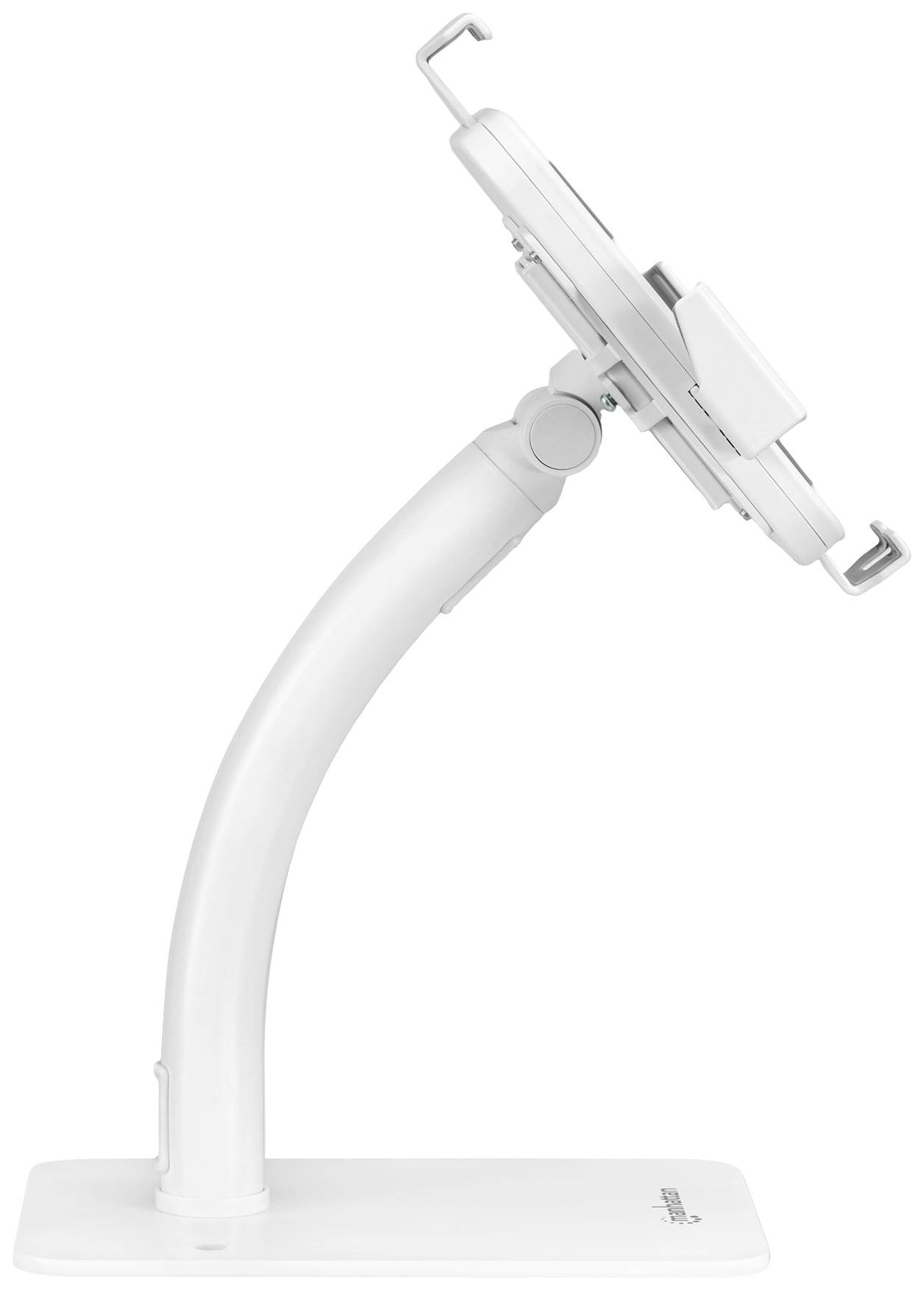 Ein weißer, verstellbarer Tablet-Ständer in seitlicher Ansicht mit gebogenem Arm und Halterung für verschiedene Tablet-Größen.