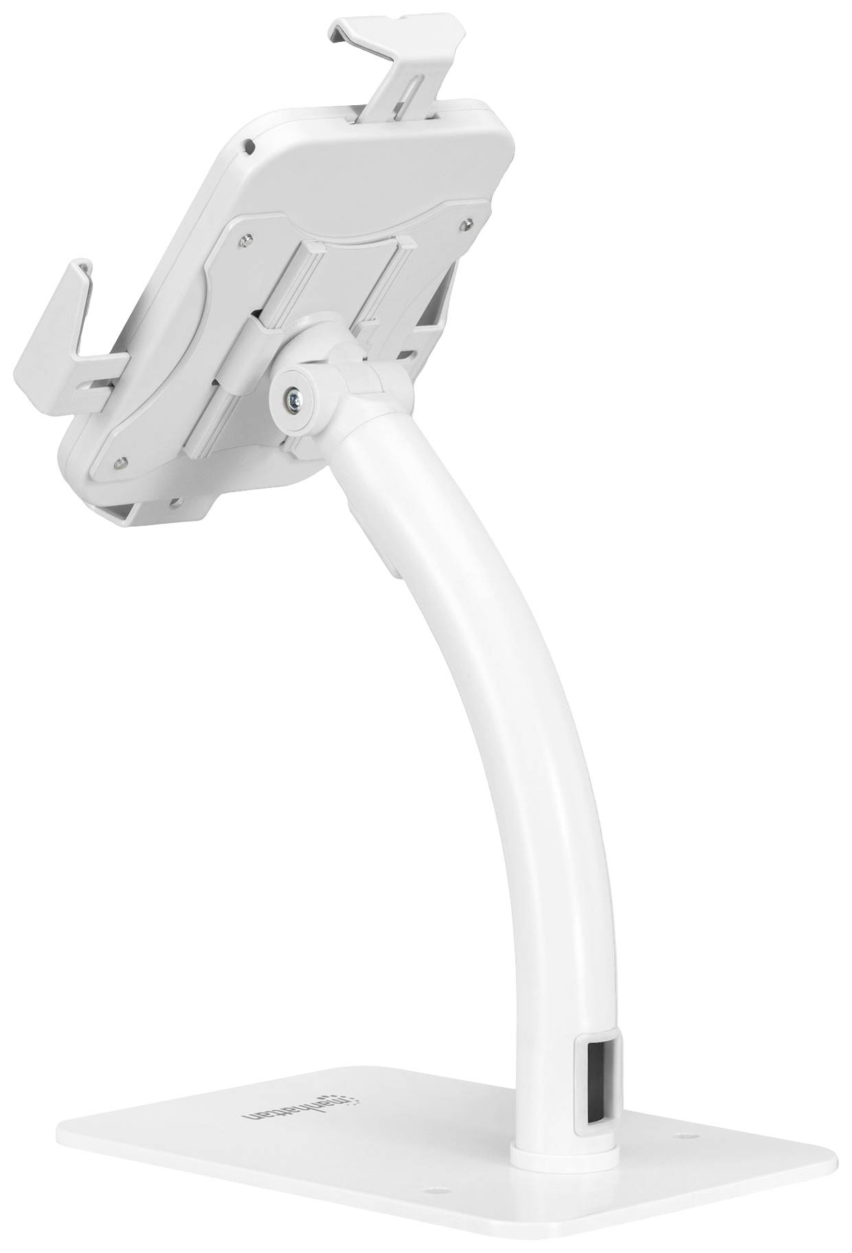 Ein weißer Tablet-Ständer mit verstellbarem Arm und Halterung, geeignet für verschiedene Tablet-Größen, auf einer stabilen Basis.