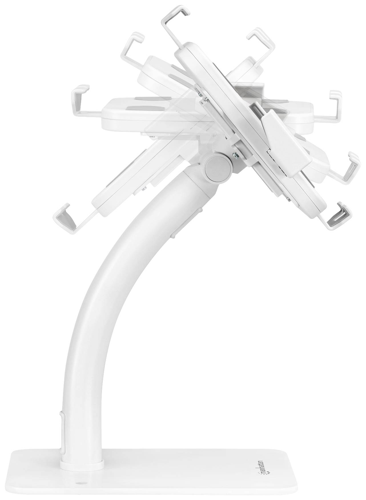 Ein weißer, verstellbarer Tablet-Halter mit mehreren Haken, die in verschiedene Richtungen zeigen, auf einem gebogenen Standfuß.