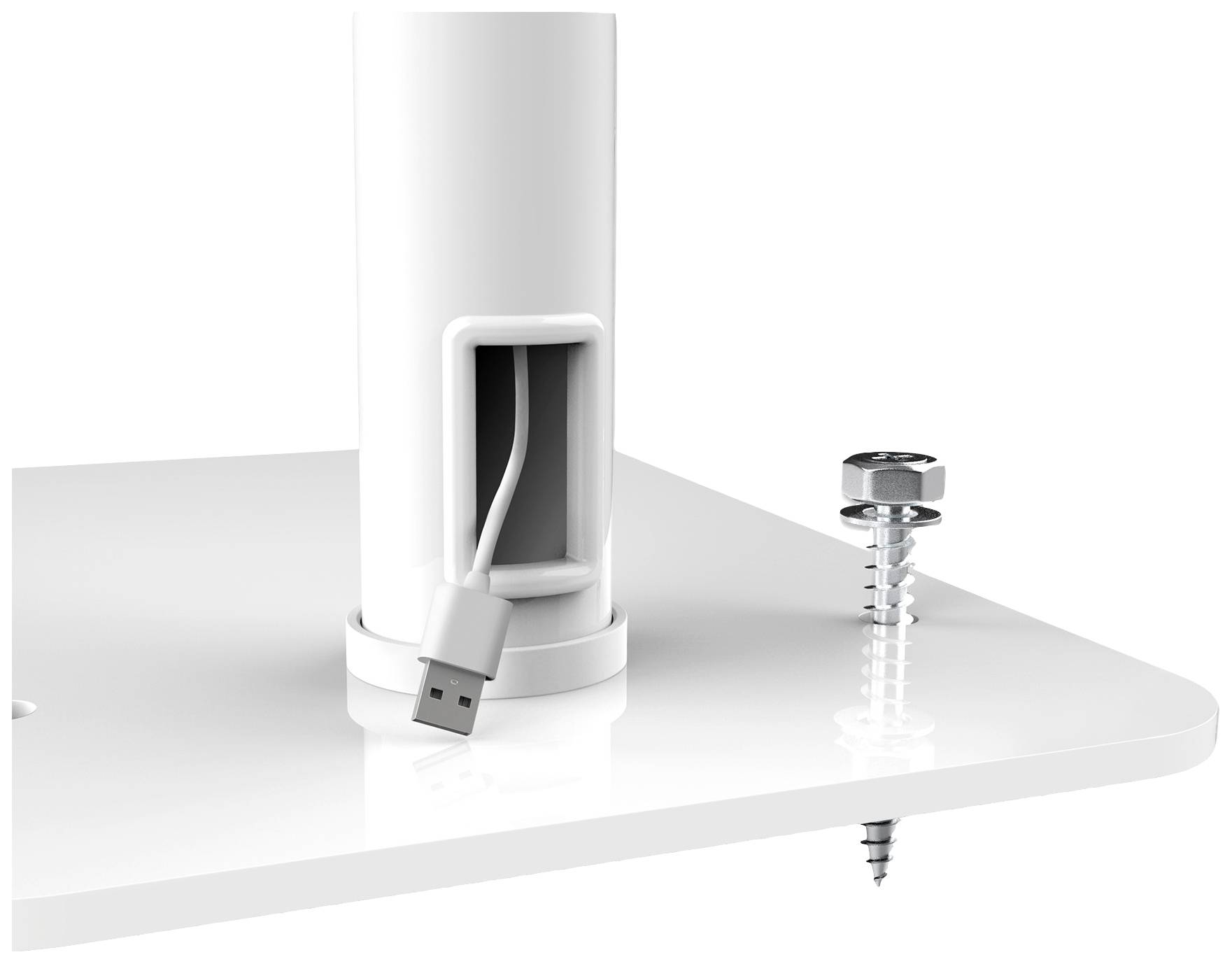 USB-Kabel läuft durch den weißen Standfuß einer Platte. Eine lose Schraube und eine Mutter liegen rechts daneben auf der Platte.