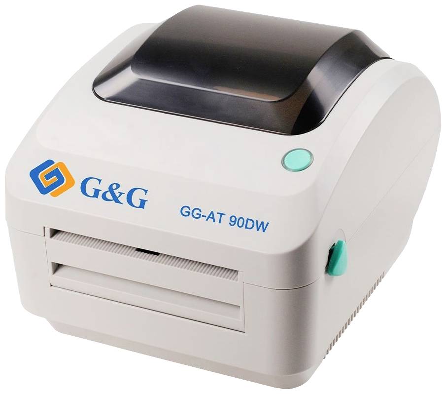 Thermodrucker mit dem Aufdruck 'G&G GG-AT 90DW', weißes Gehäuse, schwarzer Deckel und grüner Knopf auf der Oberseite.