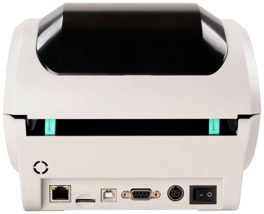 Etikettendrucker - Rückansicht, zeigt verschiedene Anschlussmöglichkeiten: Ethernet, USB, serielle Schnittstelle und Stromanschluss.