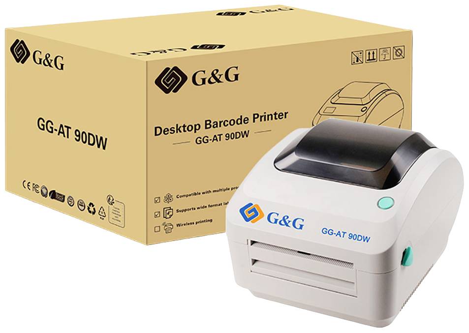 Ein weißer Desktop-Barcode-Drucker 'GG-AT 90DW' vor seinem braunen Karton mit Markenlogo und Produktspezifikationen.