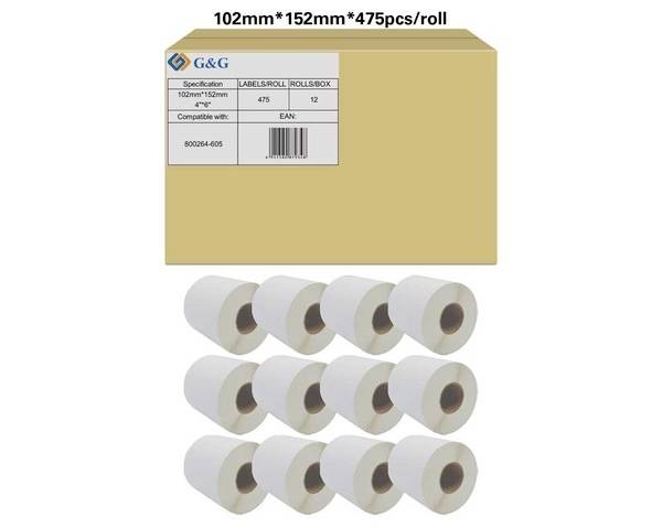 Elf Rollen Etikettenpapier vor einem braunen Karton. Auf dem Karton: '102mm*152mm*475pcs/roll'. Produktspezifikationen und Details.