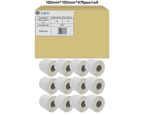 G&G Etiketten Rolle 102 x 152 mm Papier Weiß 12 Rollen Permanent haftend RL-P-P1011-102*152*475-BK/WT Universal-Etiketten