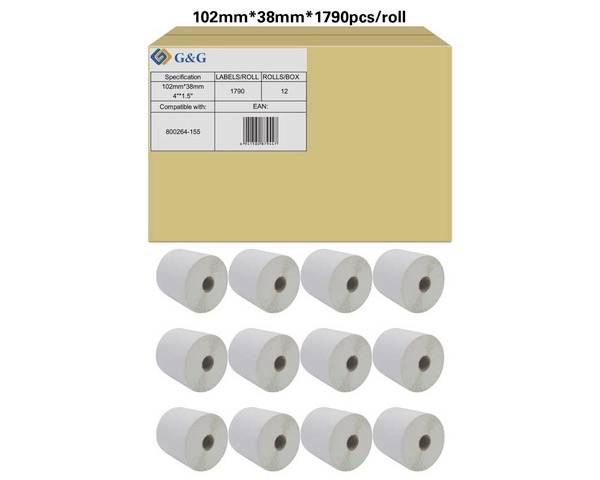 'G&G'-Verpackung mit Etikettenrollen, Größe: 102mm x 38mm, 1790 Etiketten pro Rolle. Die Verpackung zeigt 12 Rollen.