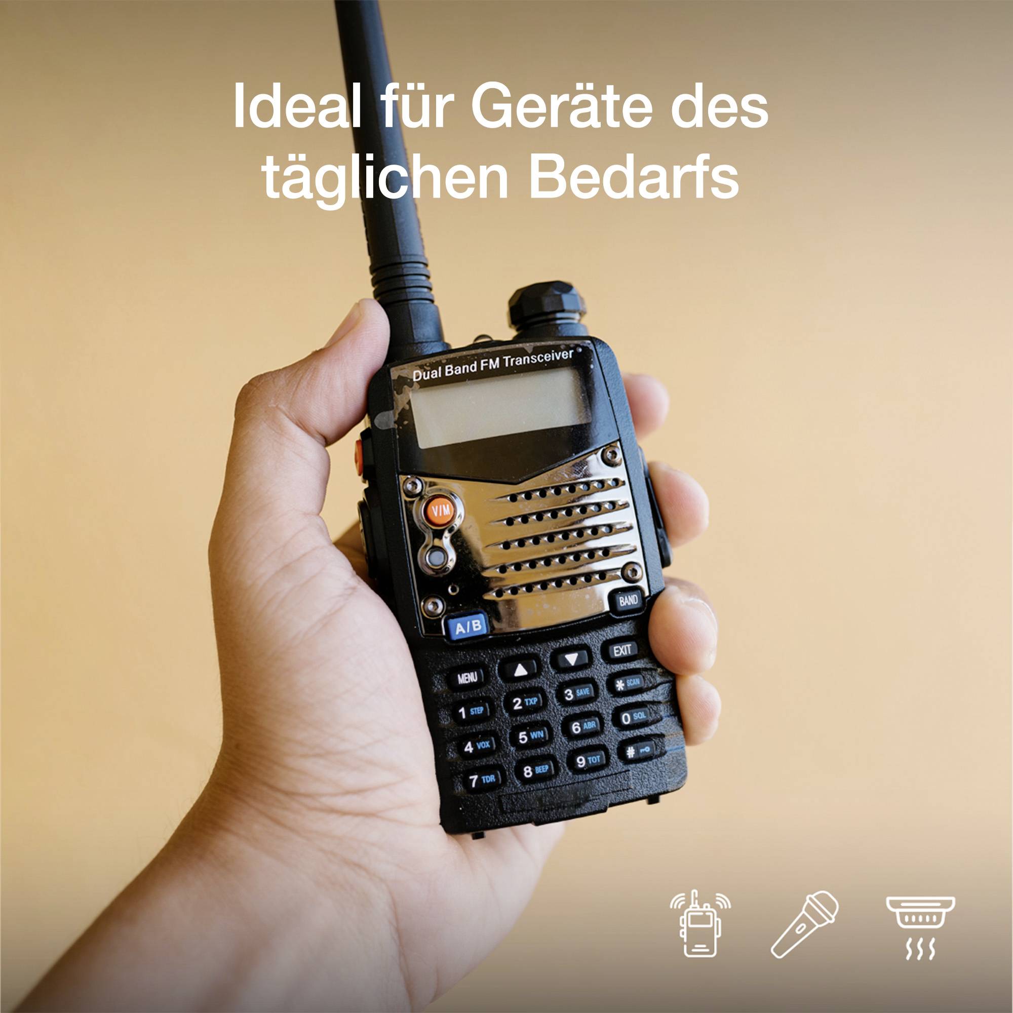 Eine Hand hält ein Dual-Band-FM-Transceiver. Oben steht der Text 'Ideal für Geräte des täglichen Bedarfs'. Unten sind Symbole zu sehen.