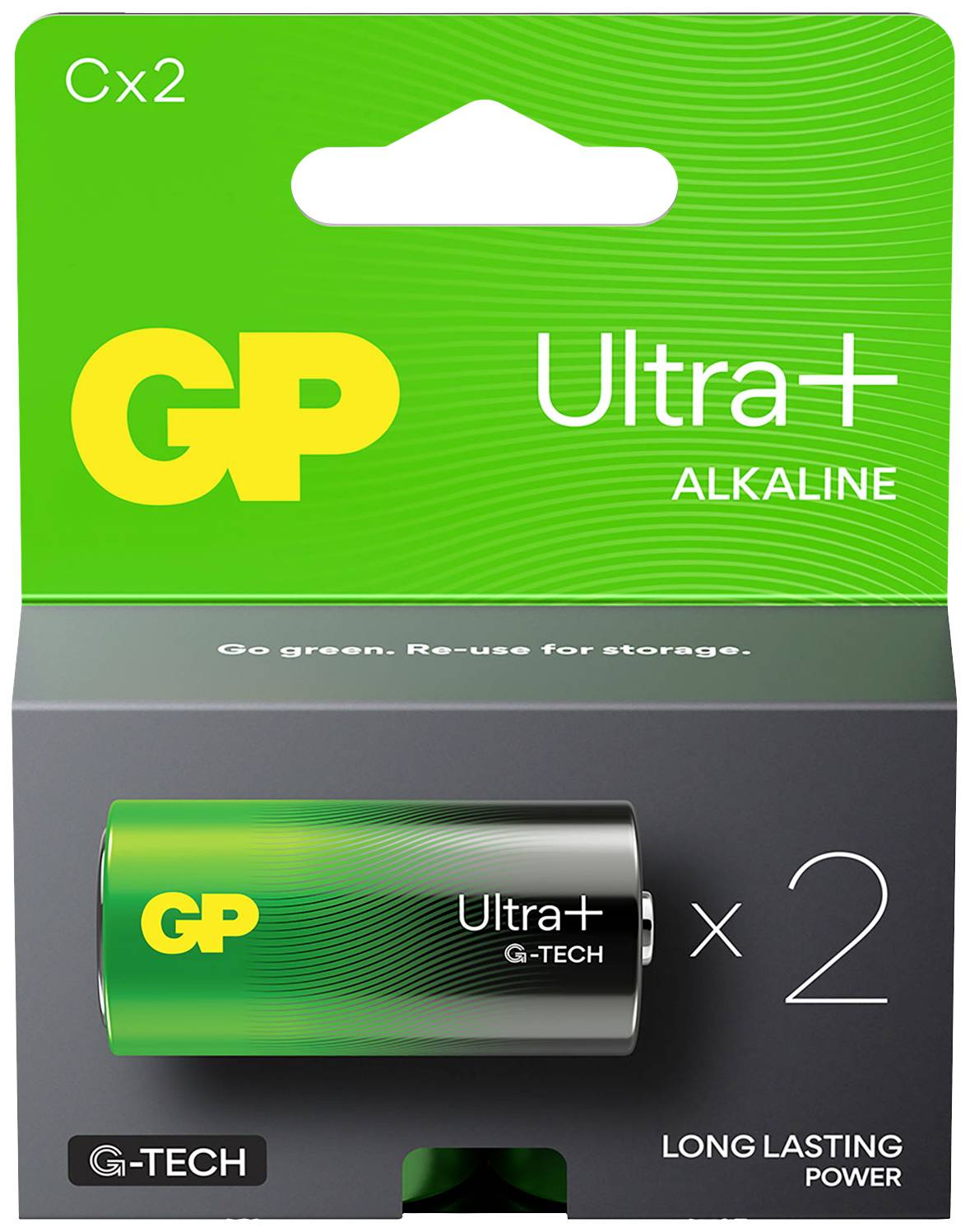 Verpackung mit zwei Alkaline-Batterien der Marke 'GP Ultra+' in grün und silber. Text: 'Go green. Re-use for storage.'