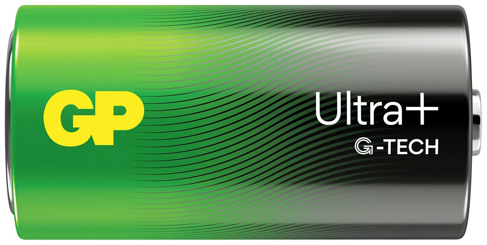 Batterie der Marke GP, Modell Ultra+ G-TECH, in grün-schwarzer Farbe mit gelbem Logo und grünen Streifen.