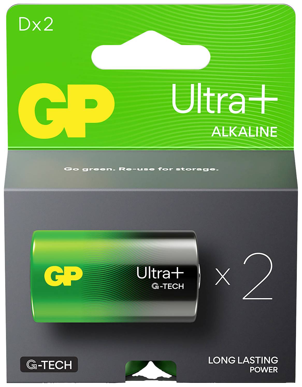 Verpackung einer GP Ultra+ Alkali-Batterie mit zwei D-Zellen. Die Verpackung ist grün mit gelben Akzenten und betont lange Haltbarkeit.