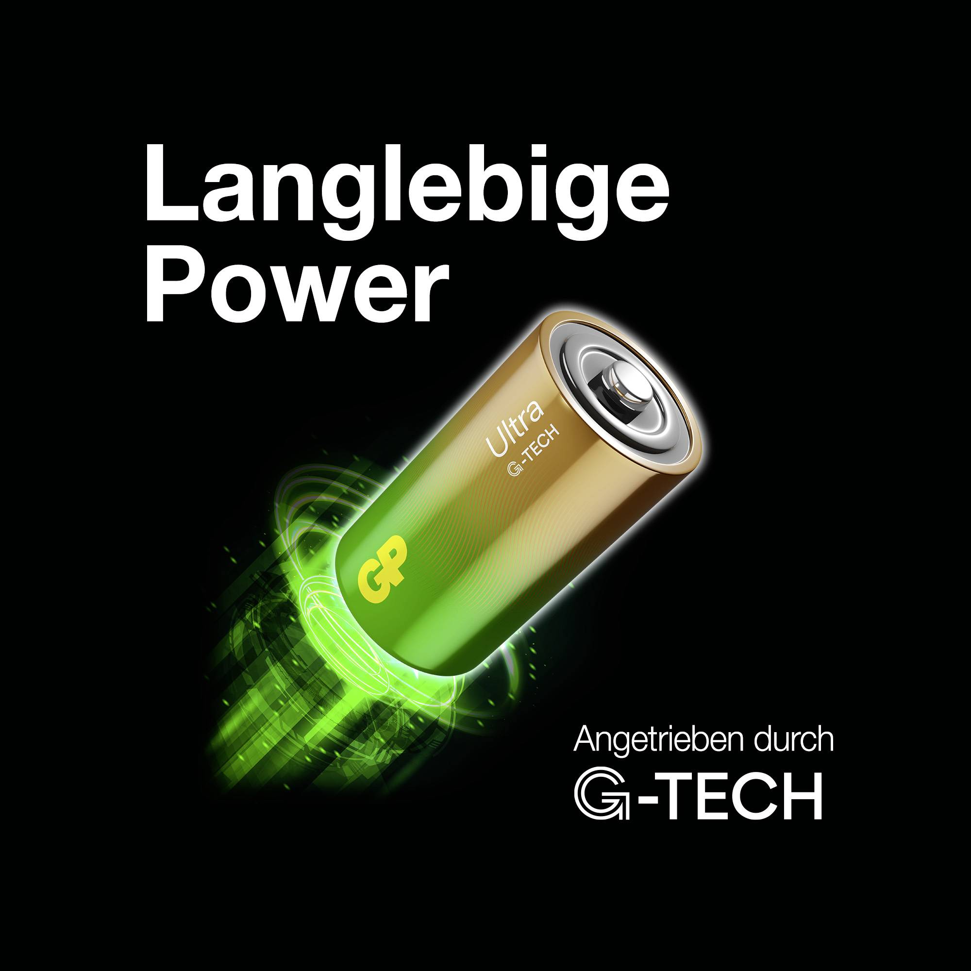 Werbeanzeige mit einer Batterie und dem Text 'Langlebige Power' sowie 'Angetrieben durch G-TECH'; grün leuchtende Energieeffekte um die Batterie.