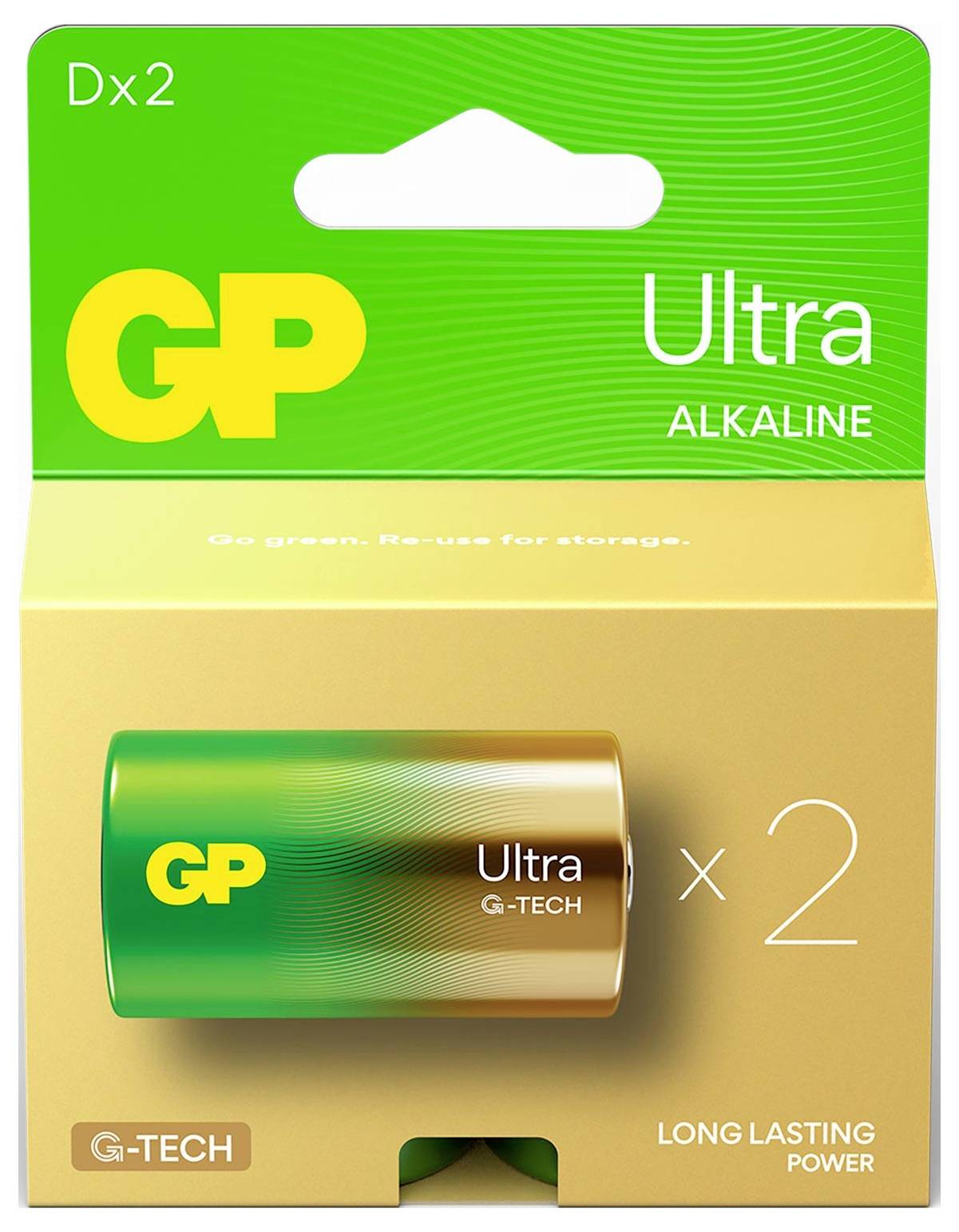 Verpackung von 2 GP Ultra Alkaline G-TECH Batterien, grün-goldenes Design mit Batterieabbildung und Hinweis 'Long lasting power'.