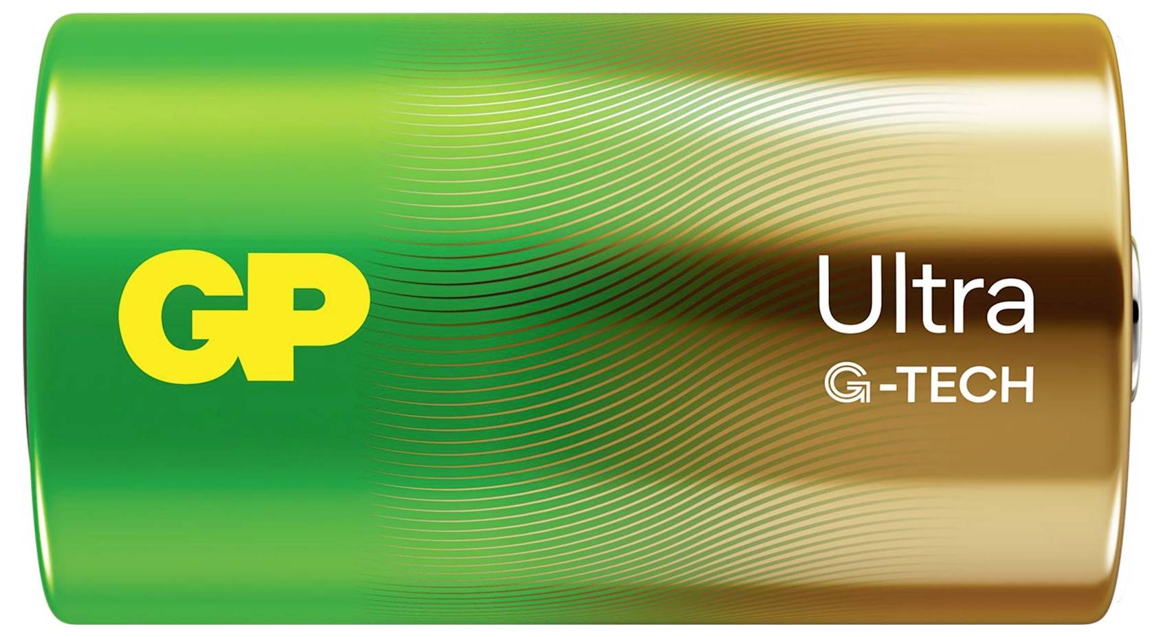 Batterie mit grün-braunem Gehäuse, beschriftet mit 'GP Ultra G-TECH'.