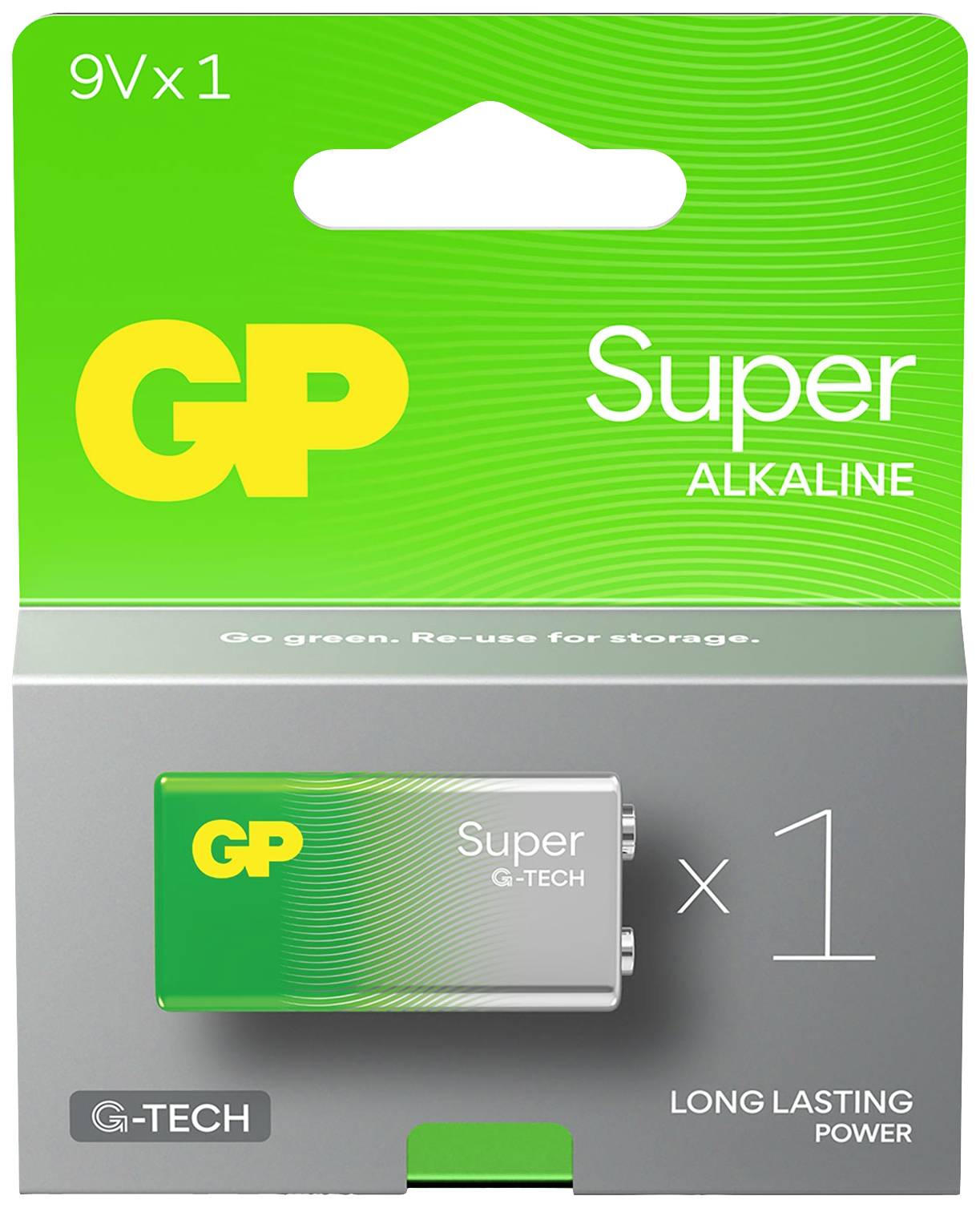 GP Super Alkaline 9V-Batterie in Verpackung, geeignet für Geräte mit hohem Energieverbrauch, langlebig.