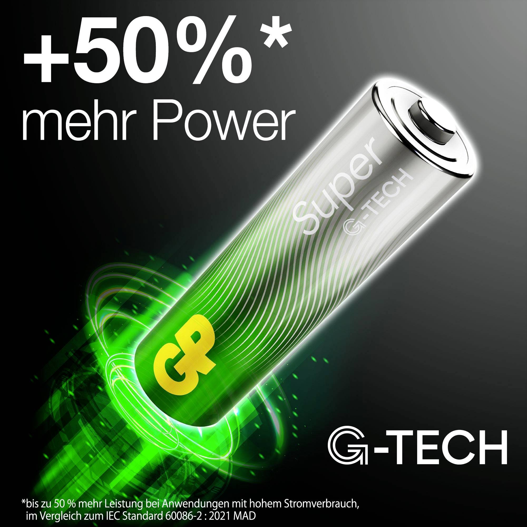 Werbung für G-TECH-Batterie mit 'Super' und 'GP': 'bis zu 50 % mehr Power' bei hohem Stromverbrauch, grün leuchtende Batterie