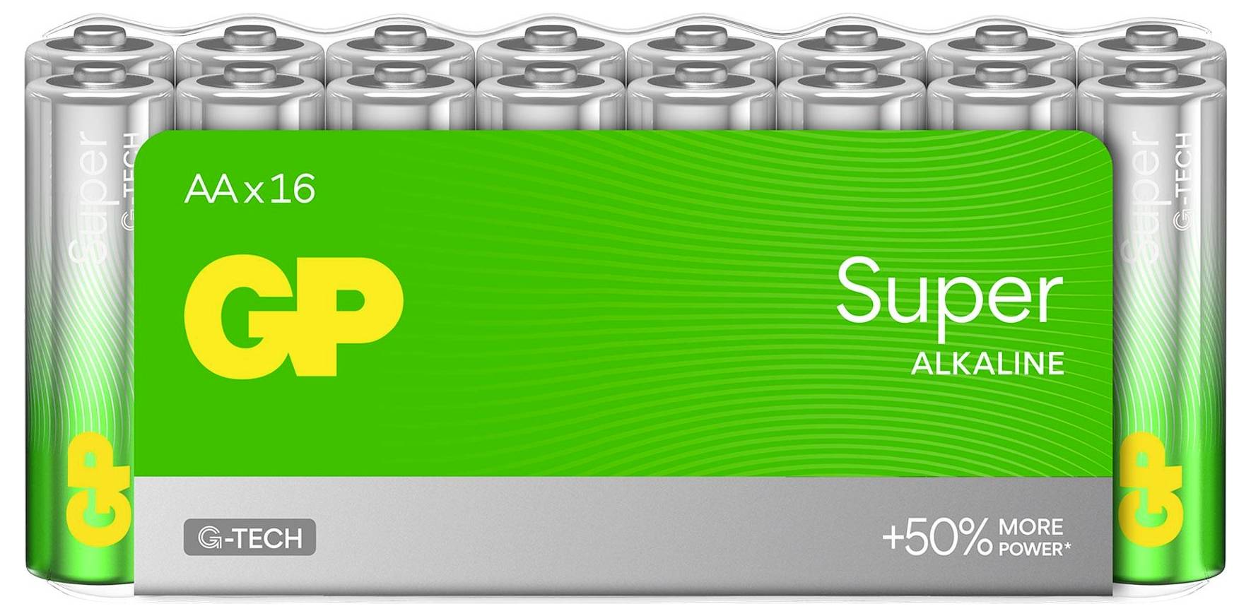 Verpackung von 16 GP Super Alkaline Batterien mit grün-silbernem Design und der Aufschrift 'AA x16', 'G-TECH' und '+50% MORE POWER'.