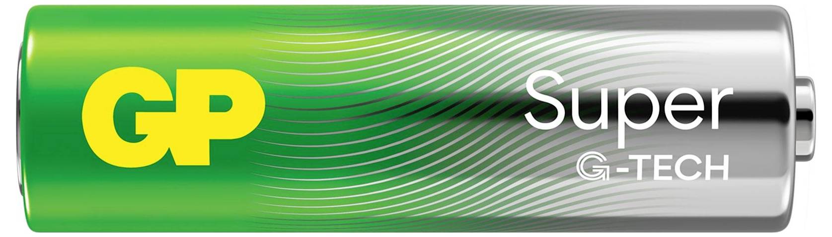Batterie mit grün-silbernem GP Super G-TECH-Design und gelbem 'GP'-Logo.