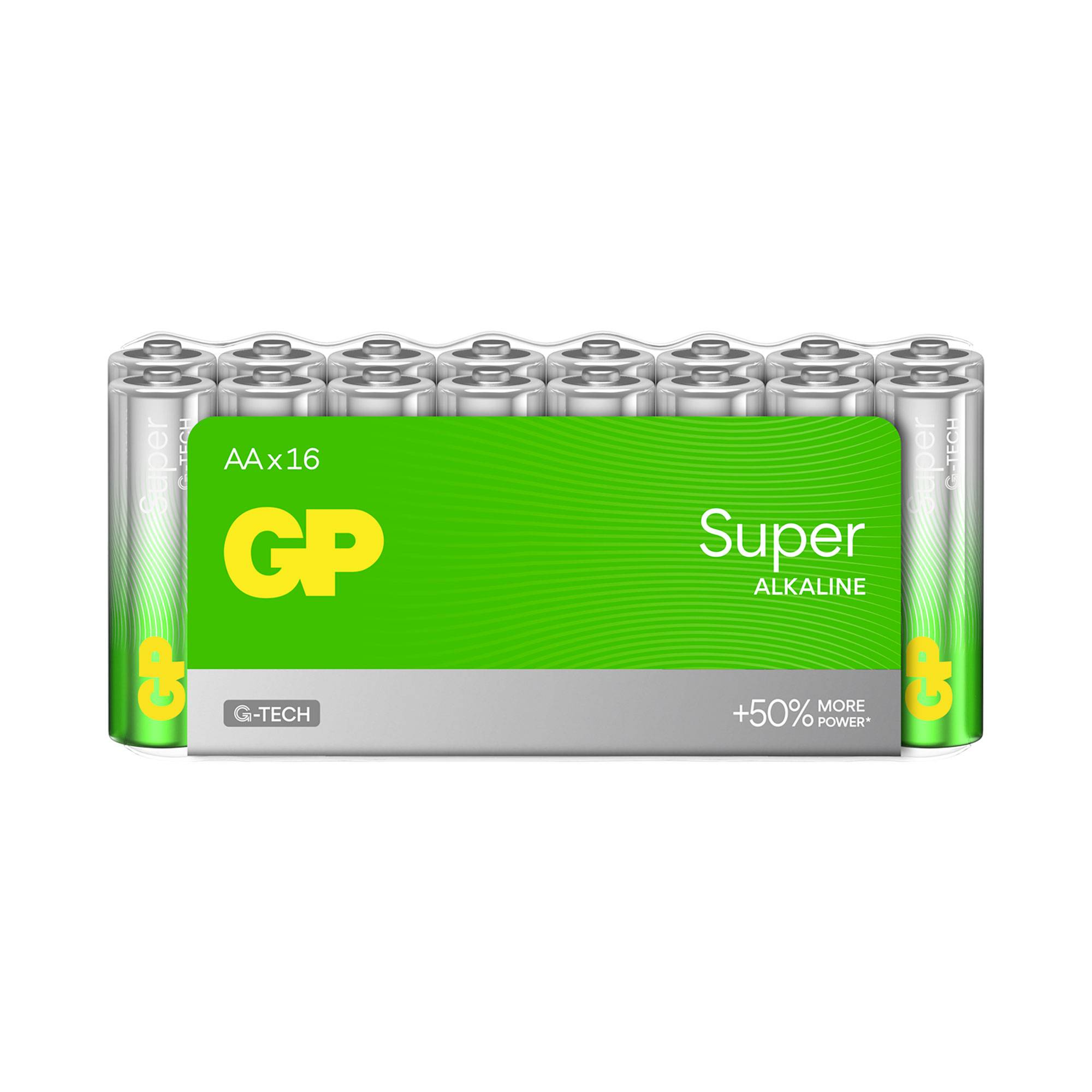 Packung mit 16 AA Super Alkaline Batterien von GP, grüne Verpackung, verspricht 50 % mehr Leistung, geeignet für G-Tech-Geräte.