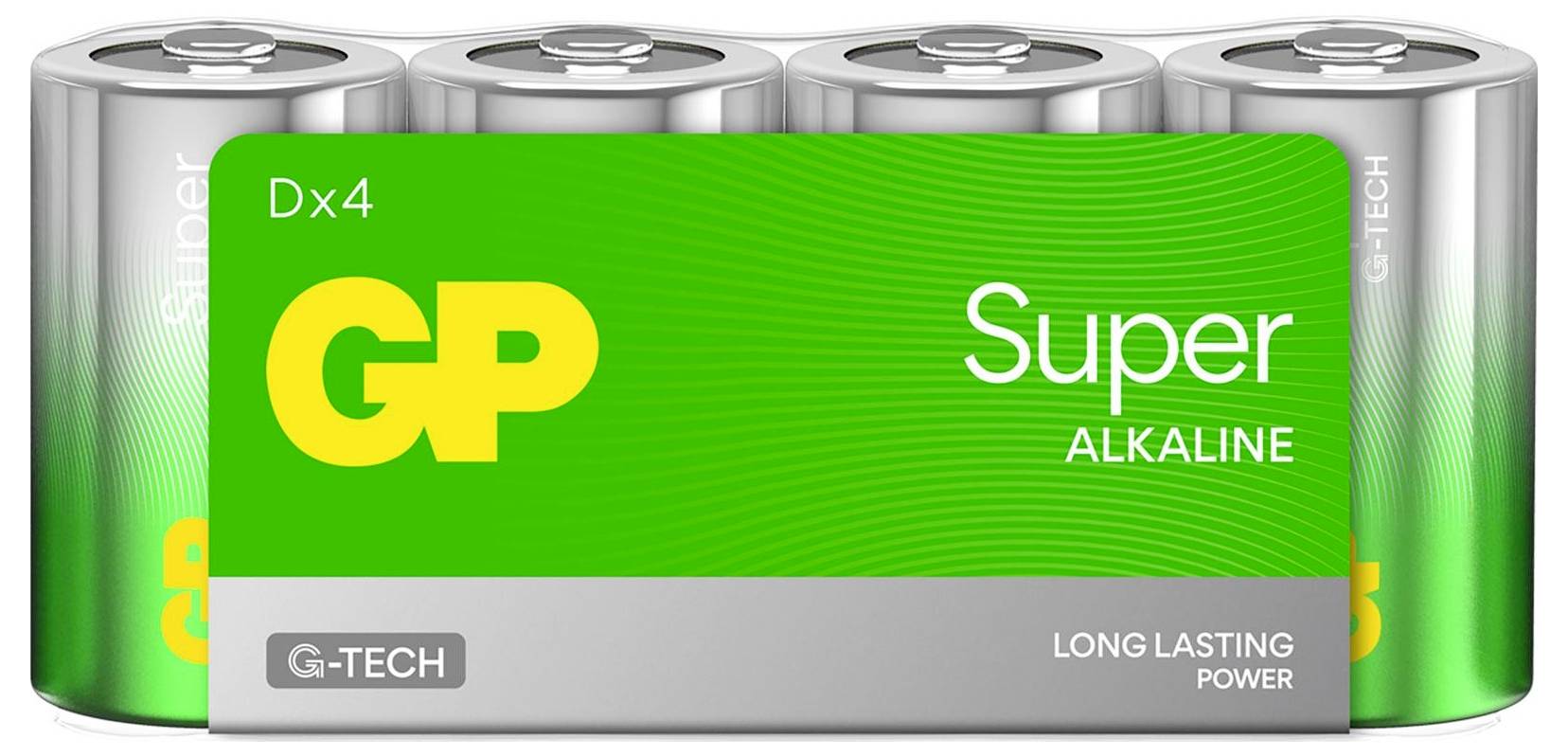 Verpackung mit vier 'GP Super Alkaline' Batterien, grün-silbernes Design, Aufdruck 'Dx4', 'LONG LASTING POWER' und 'G-TECH'.