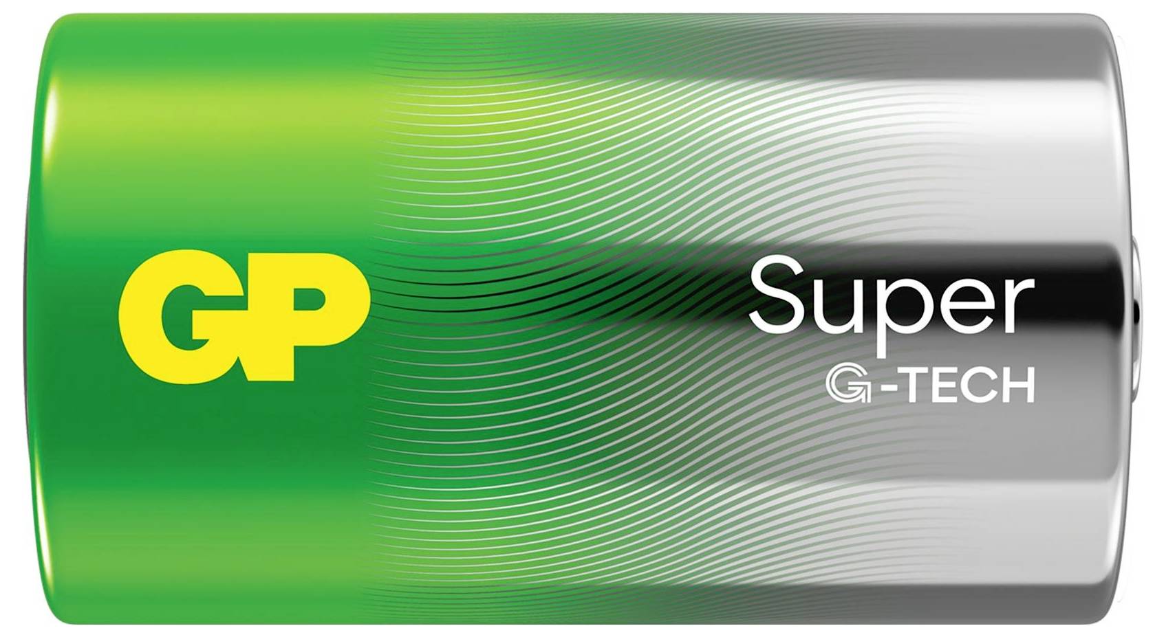 Grün-silberne GP Super G-TECH-Batterie mit Markenlogo und Produktbezeichnung auf der Zelle.