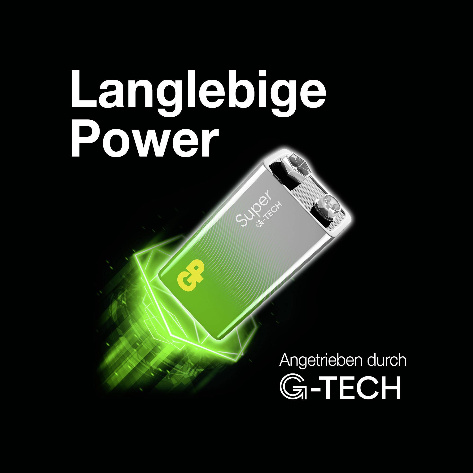 'Langbleibige Power' in weißer Schrift, daneben eine silberne Batterie mit grünem GP-Logo. Text unten: 'Angetrieben durch G-TECH'.