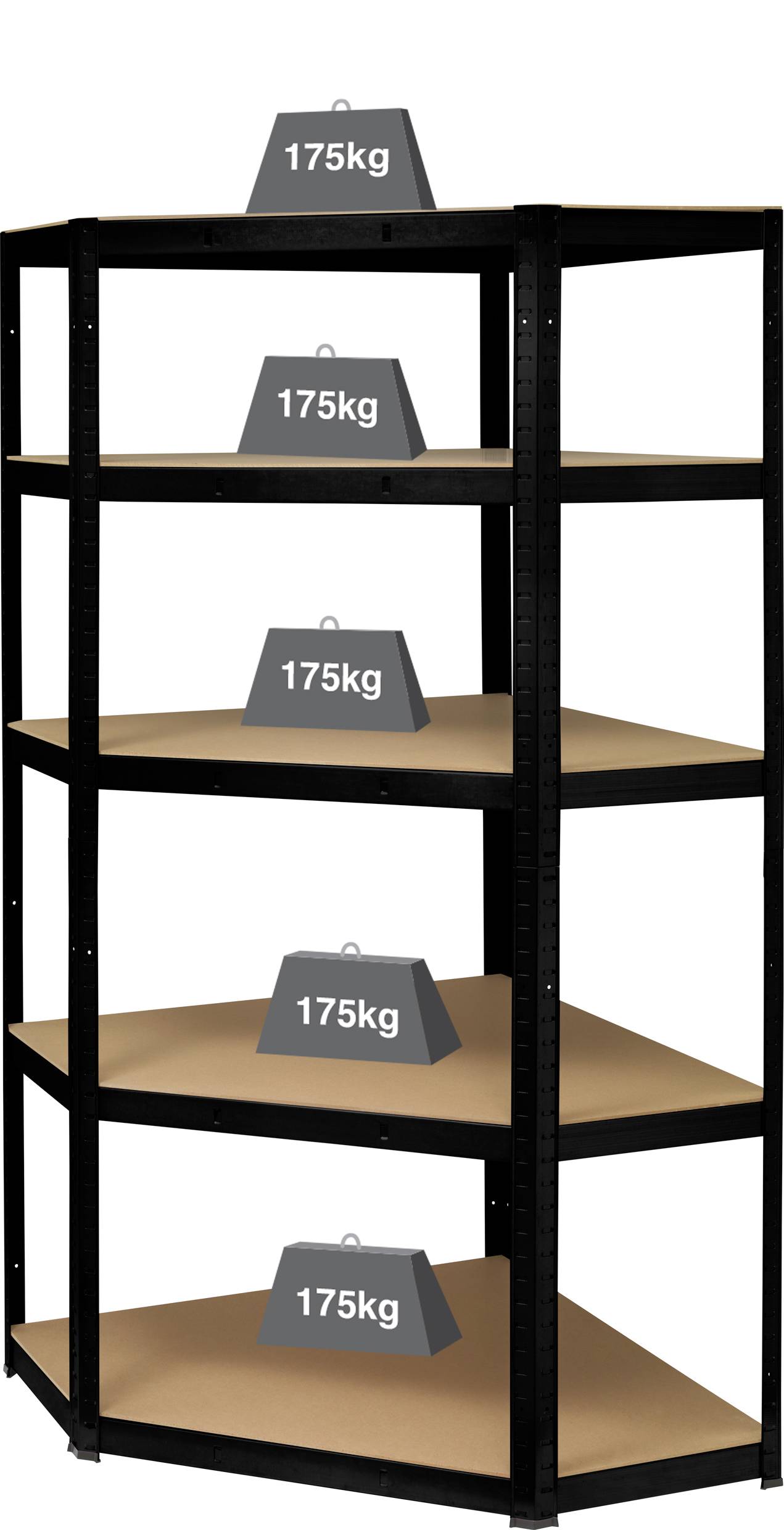 Ein Ecke-Regal mit fünf Ebenen, jede mit einem Gewicht von '175kg' beschriftet, zeigt die Tragfähigkeit jeder Ebene.