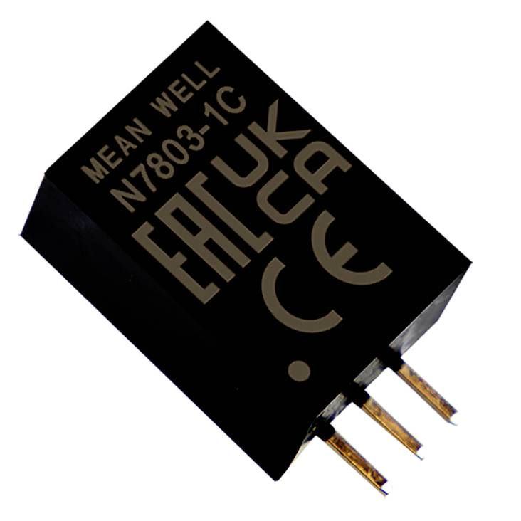 Ein schwarzer elektronischer Spannungswandler mit drei Kupferstiften, beschriftet mit 'MEAN WELL N7803-1C EAC UK CA CE'.