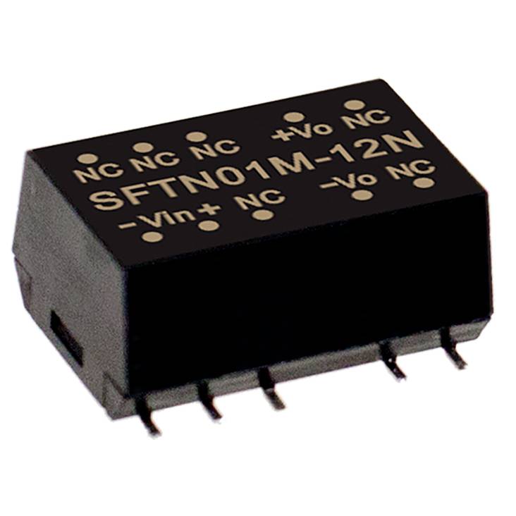 Ein schwarzer, rechteckiger elektronischer Bauteil mit der Aufschrift 'SFTN01M-12N' auf der Oberfläche, umgeben von mehreren Anschlusspins.