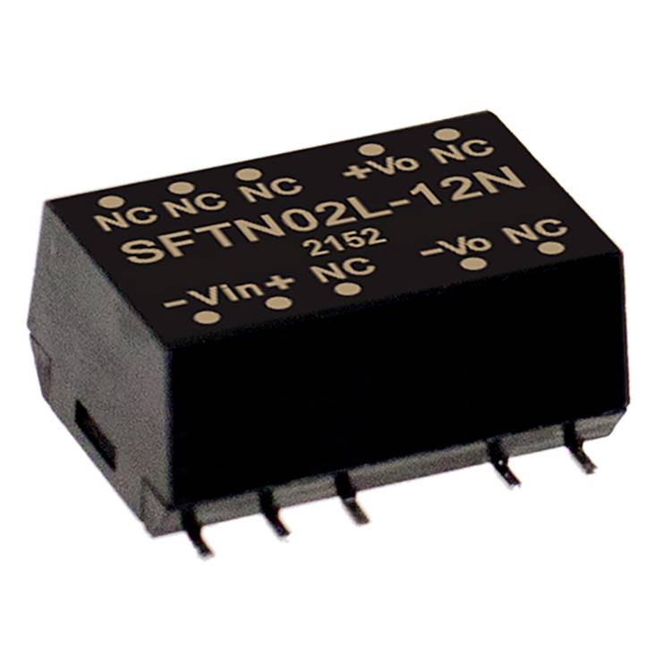 Ein schwarzer elektronischer Bauteil-Gehäuse mit der Beschriftung 'SFTN02L-12N', zeigt verschiedene elektrische Anschlüsse wie '+Vo NC' und '-Vin NC'.