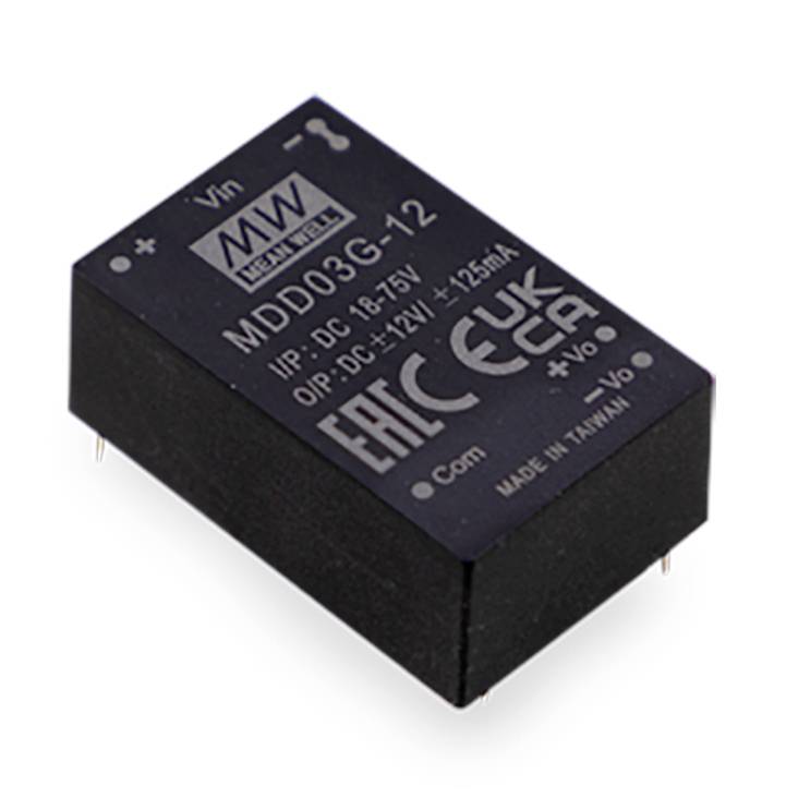 Ein MW-Modul MDD03G-12, zeigt Eingangs-/Ausgangsspannungsspezifikationen und Sicherheitszertifizierungen.