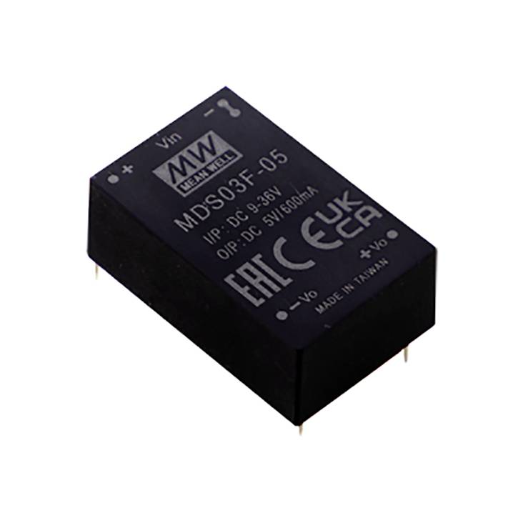 'DC-DC Konverter MDS03F-05' von Mean Well. Eingang 9-36V, Ausgang 5V 600mA, Zertifizierung EAC, UKCA.