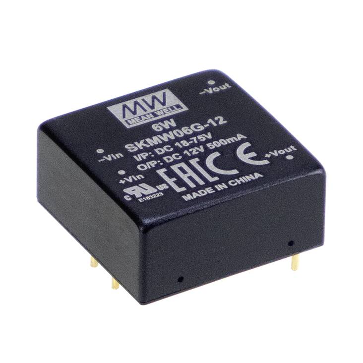 6W Spannungswandler SKMW06G-12, Eingangsbereich: 36-75V, Ausgang: 12V, 500mA, hergestellt in China, mit CE- und RoHS-Kennzeichnung.