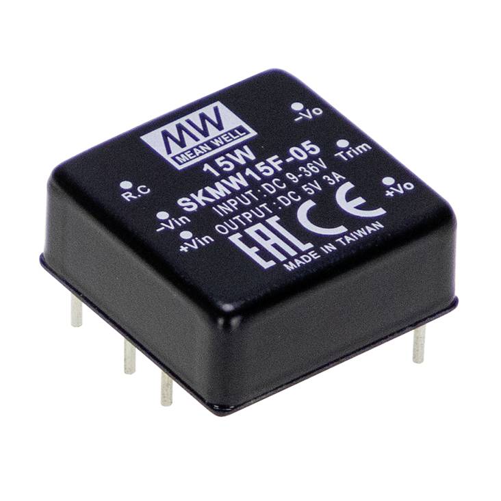 Kleiner schwarzer Elektronikbauteil mit der Aufschrift 'MEAN WELL 15W SKMW15F-05' und technischen Details, Produkt aus Taiwan.
