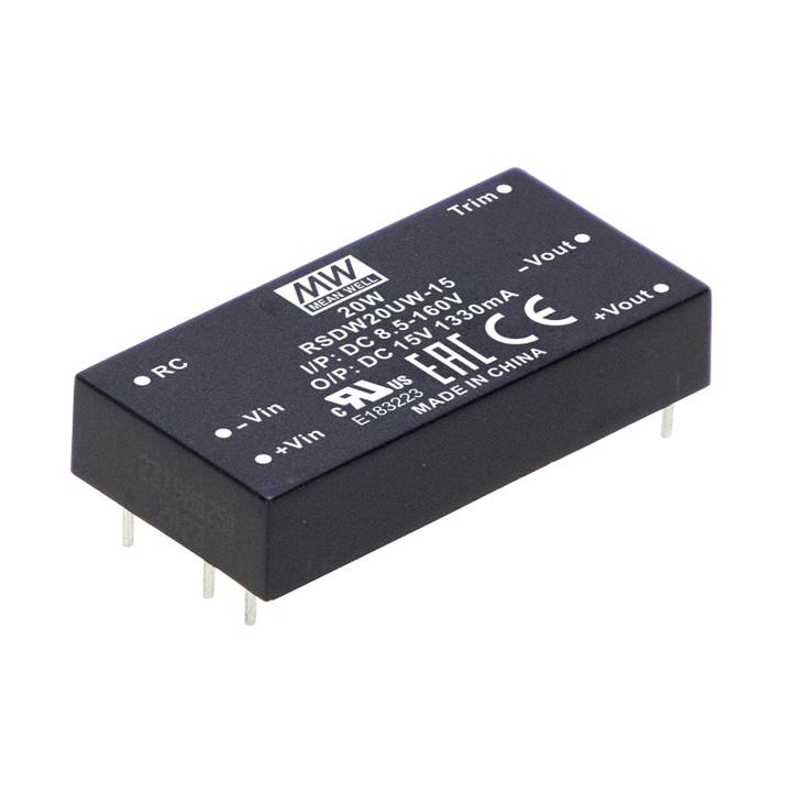 'SDI20-UW-15' Wechselrichter von Mean Well, mit Eingang 9-36V DC und Ausgang 15V DC, 1,33A. Schwarzes Gehäuse, für Elektronikanwendungen.