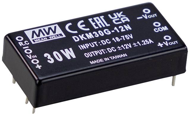 Leistungswandler von Mean Well, Modell DKM30G-12N. Eingangsbereich: 18-75V DC. Ausgang: 12V DC, 1,25A, 30W. CE- und UKCA-Kennzeichnung.