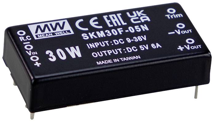 Gleichspannungswandler der Marke 'MEAN WELL' mit Spezifikationen: Eingang 9-38V DC, Ausgang 5V 6A, 30W Leistung, hergestellt in Taiwan.