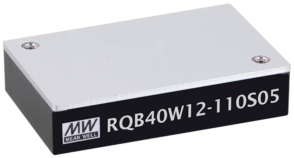 Rechteckiges, silbernes elektronisches Bauteil mit schwarzer Unterseite, beschriftet mit 'RQB40W12-110S05' und 'MEAN WELL' Logo.