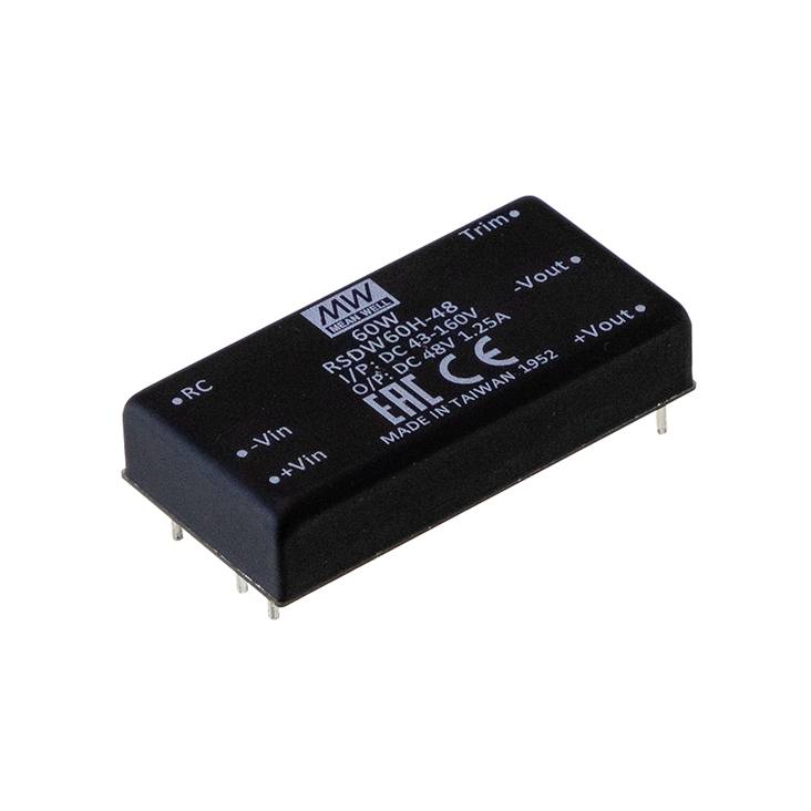 Elektronisches Bauteil, ein schwarzer DC-DC-Wandler von Mean Well mit Modellnummer 'RSDW40-148'; Pins an Unterseite sichtbar.