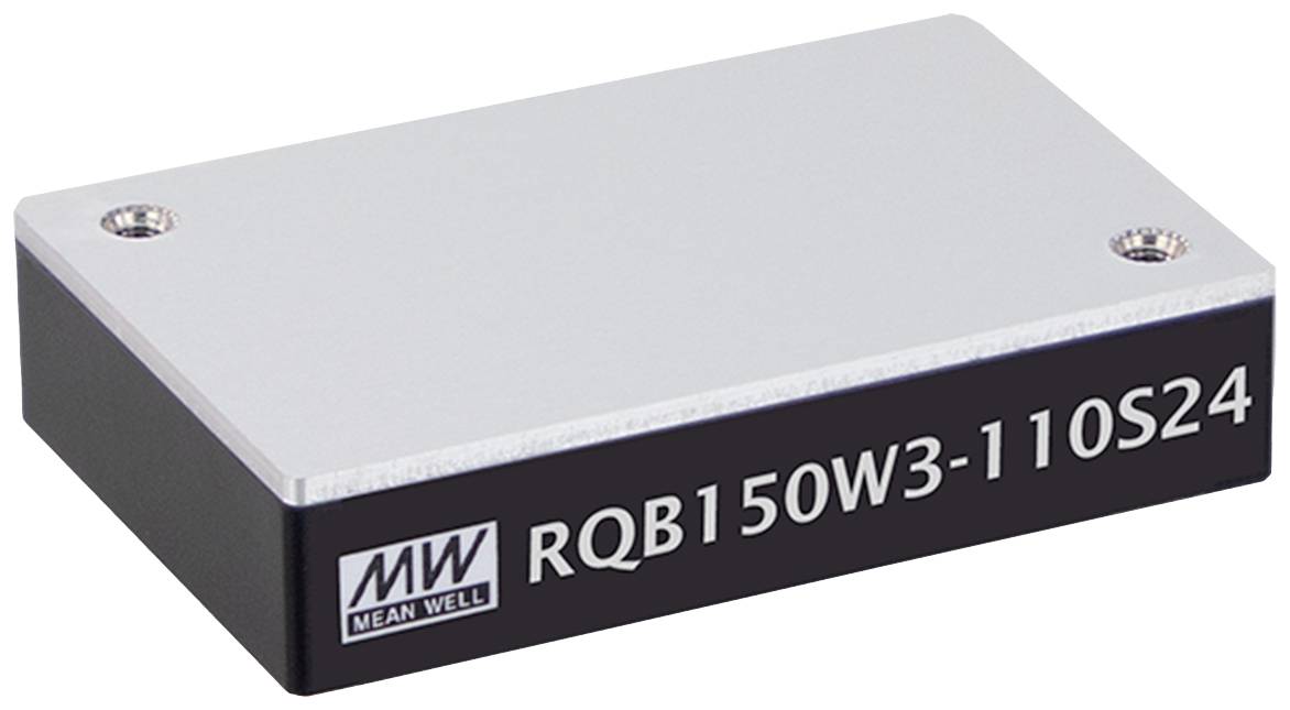 Ein elektronisches Modul mit der Aufschrift 'RQB150W3-110S24' und dem Logo 'MW Mean Well' auf der Vorderseite.